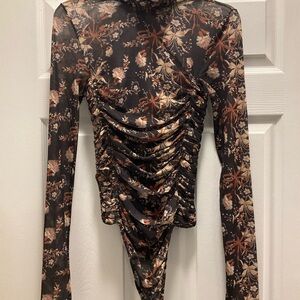 Free People Black Floral Ruched Bodysuit Size Medium